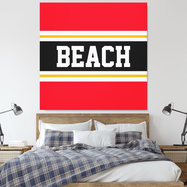 BEACH Fun Bright Red Black White Yellow Stripes Canvas Print (Insitu(Bedroom))
