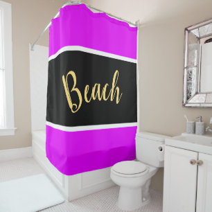 BEACH Fun Bright Tropical Pink Black White Stripes Shower Curtain