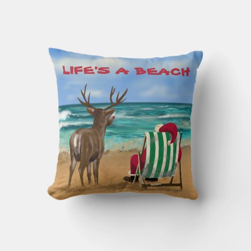 Beach Fun Santa Rudolph Illustration Throw Pillow
