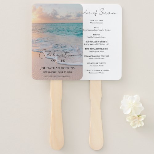 Beach Funeral Celebration of Life Order of Service Hand Fan