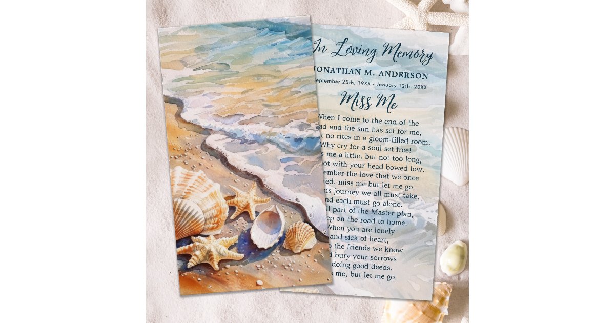 Beach Funeral Seashells Memorial Prayer Card | Zazzle