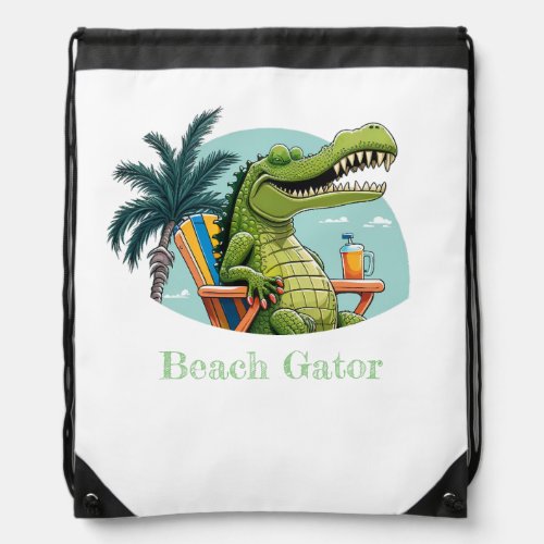Beach Gator lounging on the beach with text Drawstring Bag