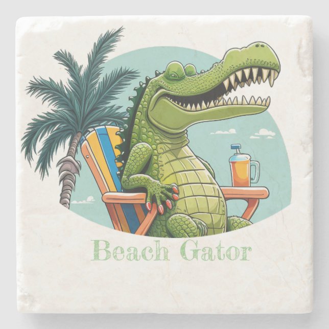 Beach Gator lounging on the beach with text Stone Coaster (Front)