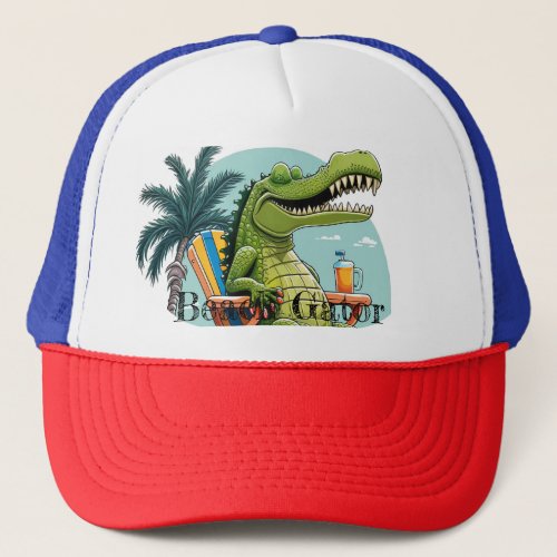Beach Gator lounging on the beach with text Trucker Hat