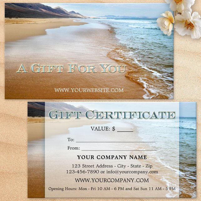 Beach Gift Certificate (Business card size gift certificate featuring an image of the beach)