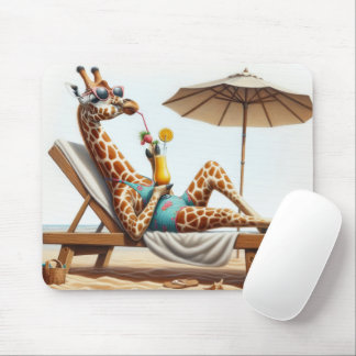 Beach Giraffe Drinking A Cocktail Mouse Pad