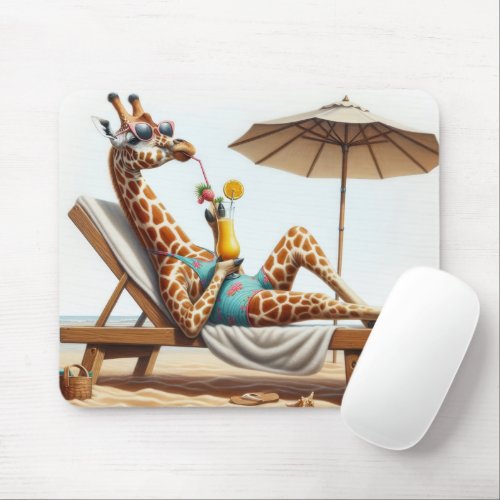 Beach Giraffe Drinking A Cocktail Mouse Pad