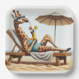 Beach Giraffe Drinking A Cocktail Paper Plates