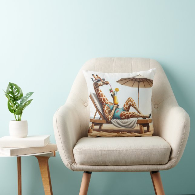 Beach Giraffe Drinking A Cocktail Throw Pillow (Chair)