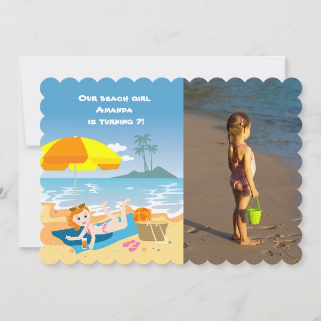 Beach girl summer birthday party photo invitation (Front)
