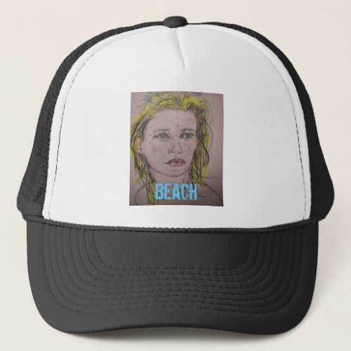 beach girl with flowers in her wet hair trucker hat