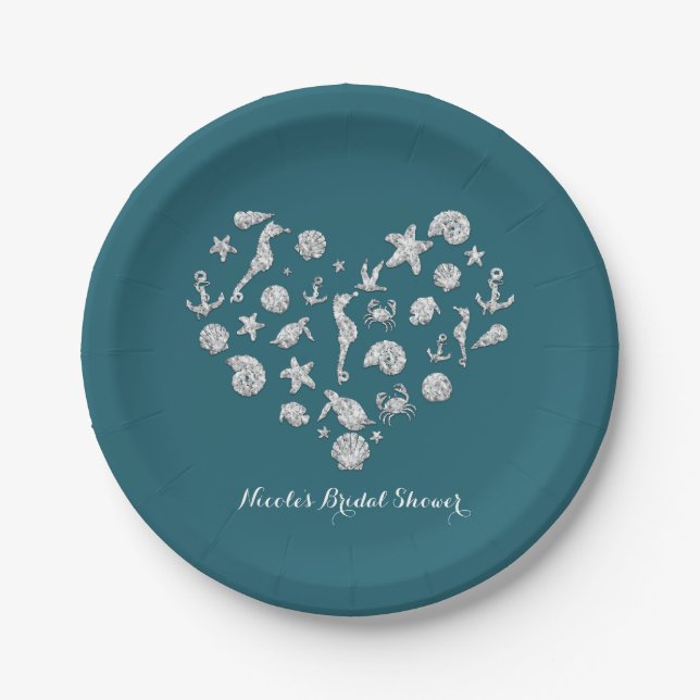 Beach Glam Diamond Heart Bridal Shower Wedding Paper Plates (Front)