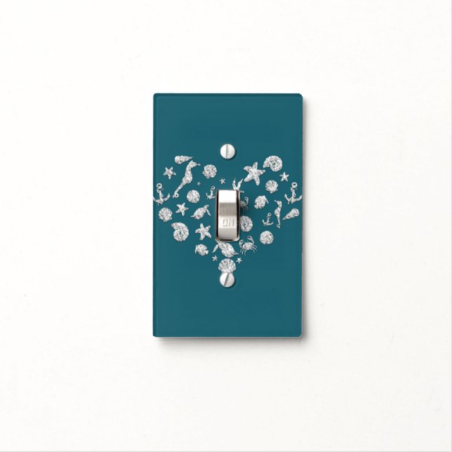 Beach Glam Diamond Heart Elegant Silver Teal Chic Light Switch Cover (In Situ)