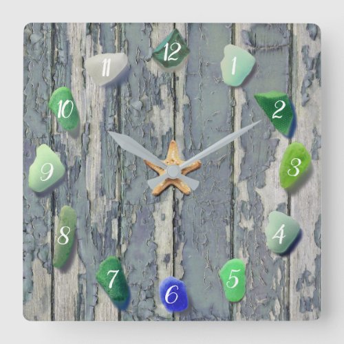 Beach Glass Coastal Decor Driftwood Blue Green Square Wall Clock