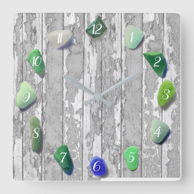 Beach Glass Coastal Decor Driftwood Gray Green Square Wall Clock (Front)
