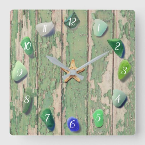 Beach Glass Coastal Decor Driftwood Green Gray Square Wall Clock