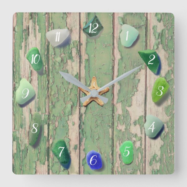 Beach Glass Coastal Decor Driftwood Green Gray Square Wall Clock (Front)