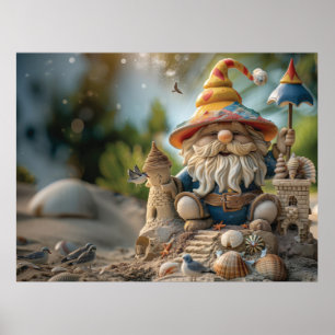 Beach gnome sitting on a beach throne poster
