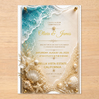 Beach Gold Acrylic Wedding Invitation Ocean Shells