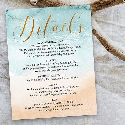 Beach Gold Calligraphy Destination Wedding Details Enclosure Card