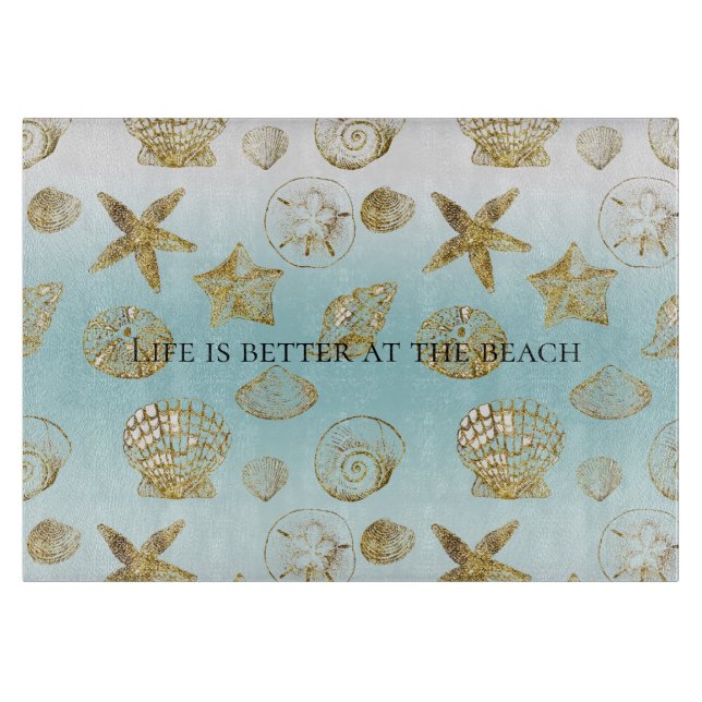 Beach Gold Sea Shells Aqua Blue Ombre    Cutting Board (Front)