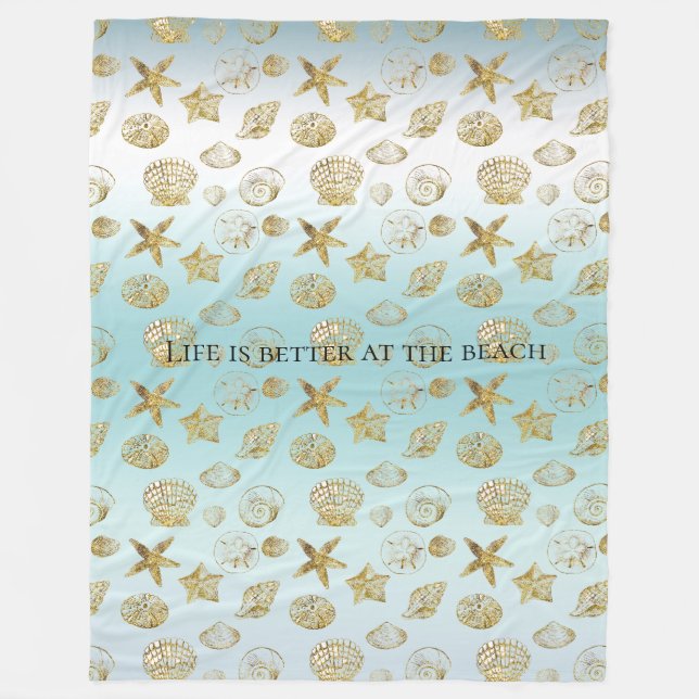 Beach Gold Sea Shells Aqua Blue Ombre    Fleece Blanket (Front)