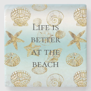 Beach Gold Sea Shells Aqua Blue Ombre Stone Coaster
