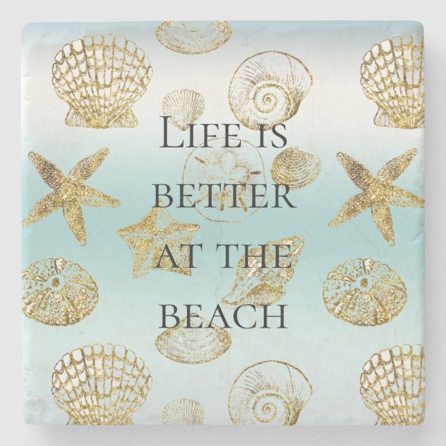 Beach Gold Sea Shells Aqua Blue Ombre    Stone Coaster (Front)
