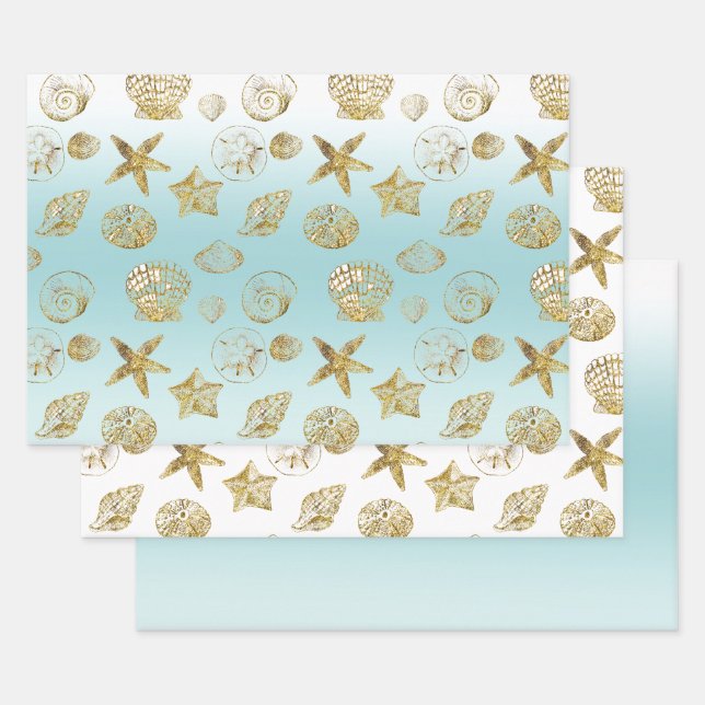 Beach Gold Sea Shells Aqua Blue Ombre    Wrapping Paper Sheets (Set)