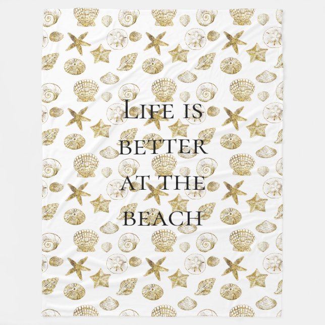 Beach Gold Sea Shells Fleece Blanket (Front)
