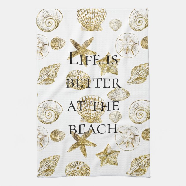 Beach Gold Sea Shells Kitchen Towel (Vertical)