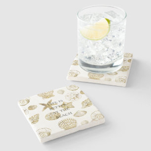 Beach Gold Sea Shells Stone Coaster