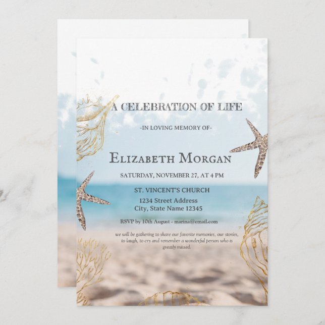 Beach Gold Seashells Celebration Of Life Invitation (Front/Back)