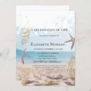 Beach Gold Seashells Celebration Of Life Invitation