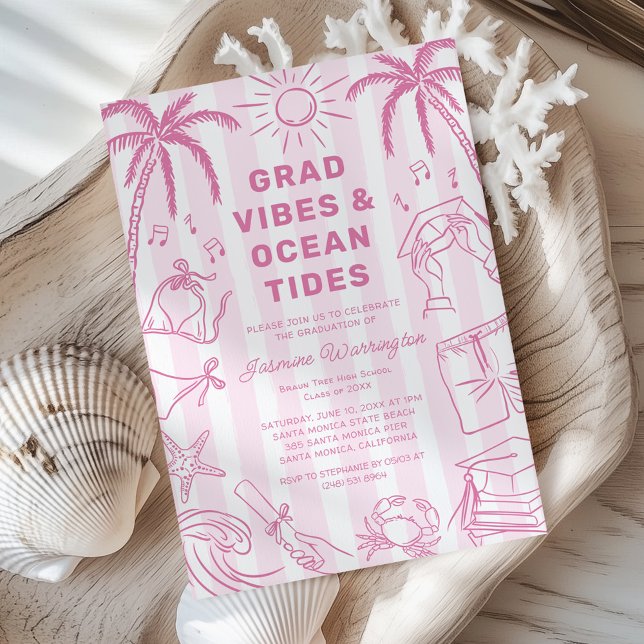Beach Grad Vibes Doodle Pink Graduation Invitation (Creator Uploaded)