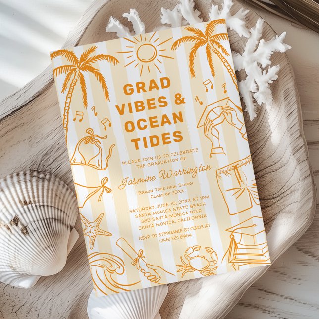 Beach Grad Vibes Doodle Yellow Graduation Invitation (Creator Uploaded)