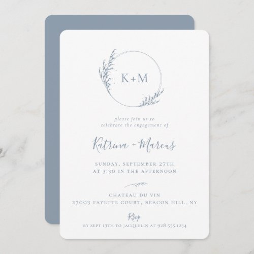 Beach Grass Monogram Dusty Blue Engagement Party Invitation