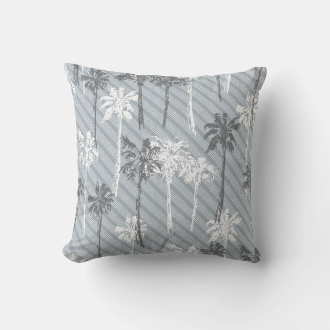 Beach Gray and White Palm Tree Pattern Throw Pill Pillow (Front)