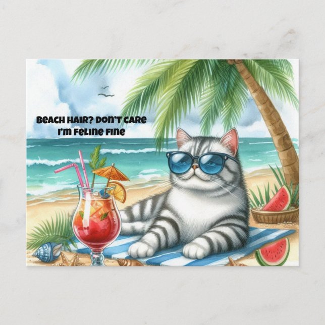 Beach Hair Don't Care Feline Fine Cat Postcard (Front)