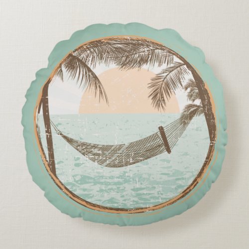 Beach hammock ocean summer palm trees round pillow