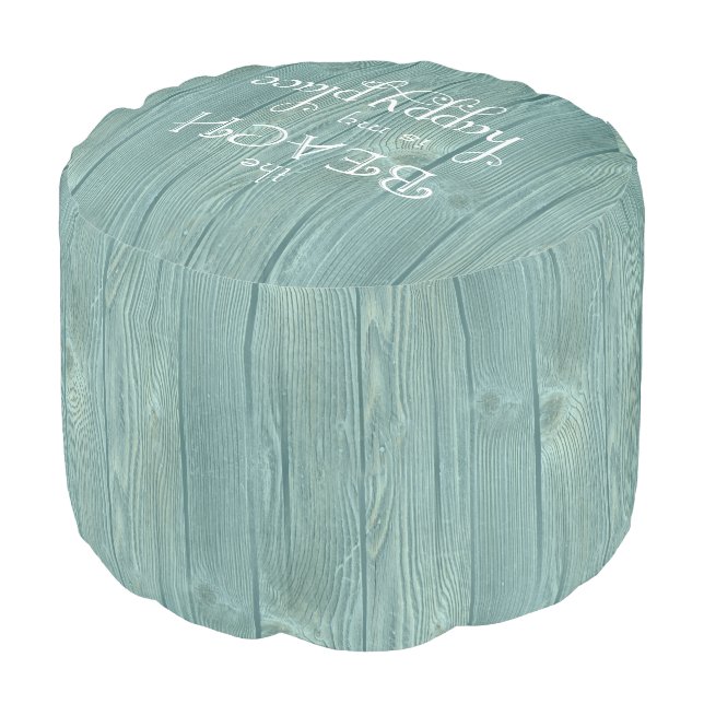 Beach Happy Place Aqua Wood Pouf Seat (Angled Front)