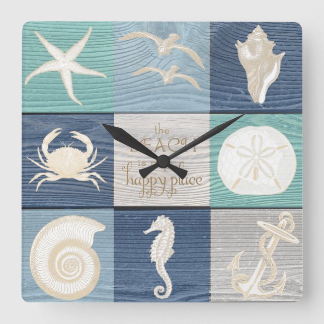 Beach Happy Place Blue Aqua Old Wood Sea Clock (Front)