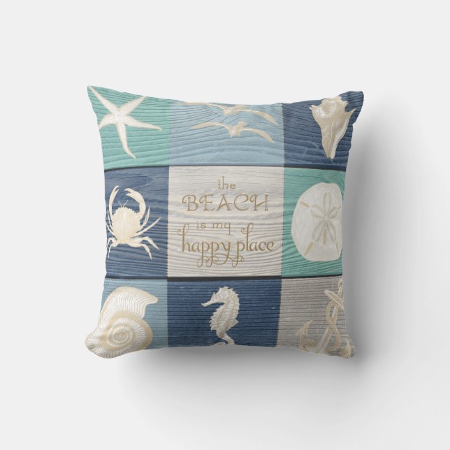 Beach Happy Place Blue Aqua Old Wood Sea Pillow (Front)