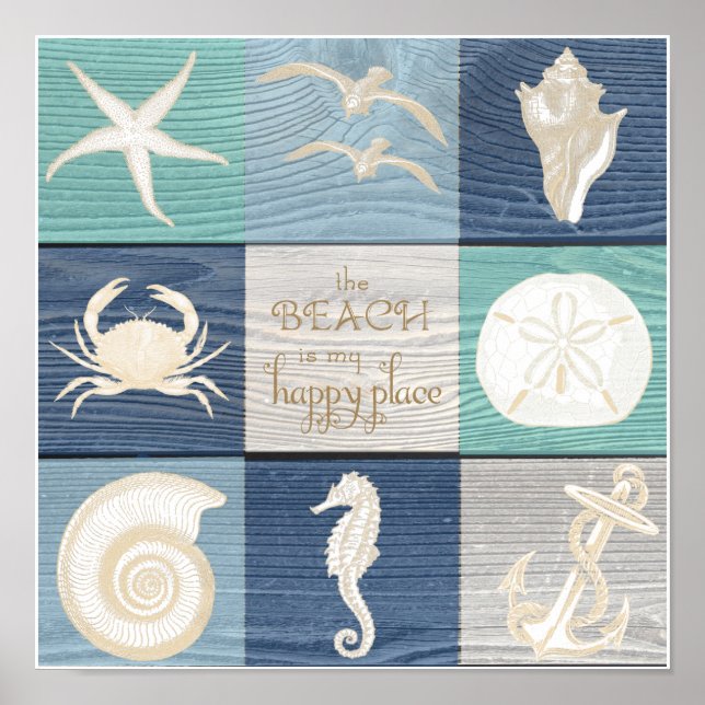 Beach Happy Place Blue Aqua Old Wood Sea Poster (Front)