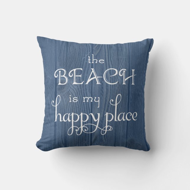 Beach Happy Place Blue Wood Pillow (Front)