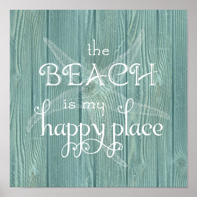 Beach Happy Place Starfish Aqua Wood Poster (Front)