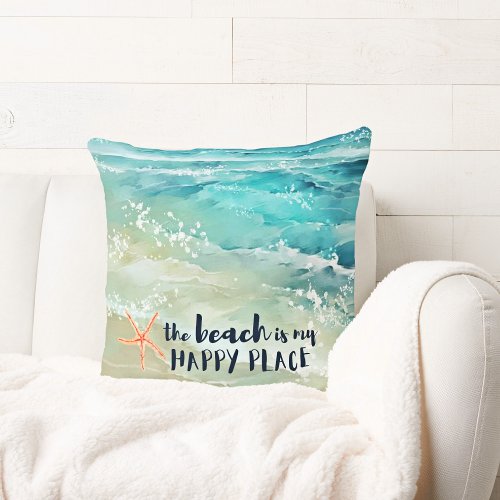 Beach Happy Place Watercolor Ocean Waves Coastal Throw Pillow