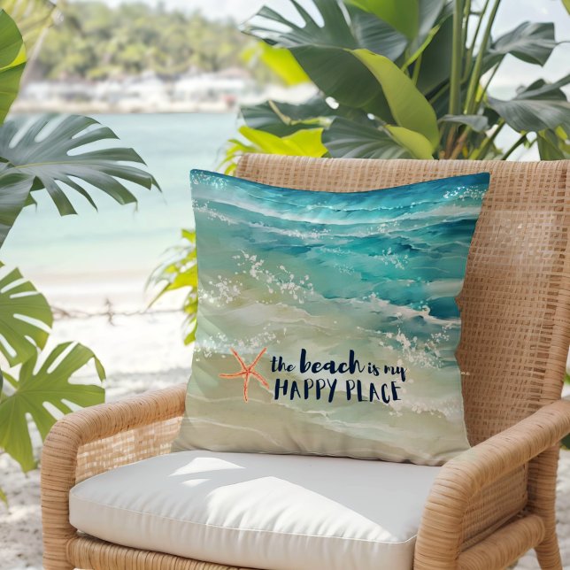 Beach Happy Place Watercolor Ocean Waves Coastal Throw Pillow (Creator Uploaded)