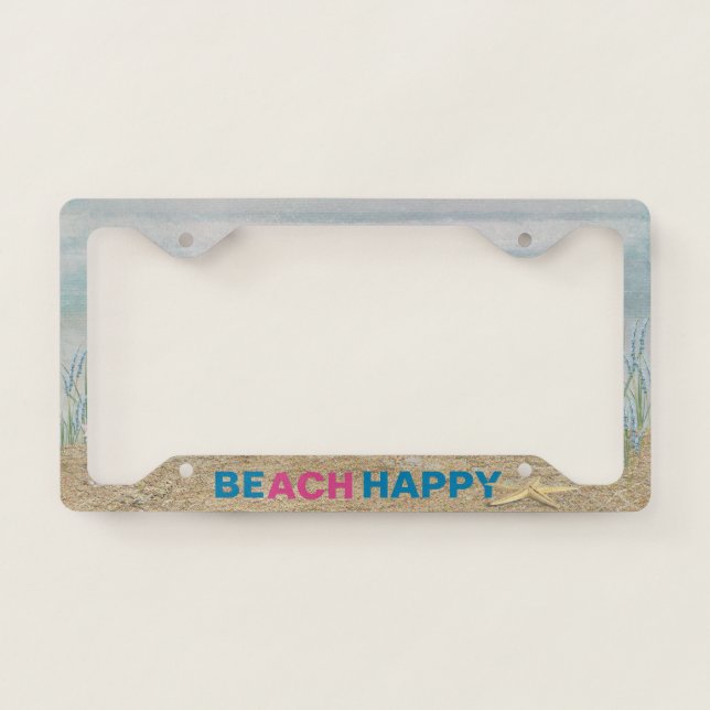 Beach Happy text with starfish License Plate Frame (Front)