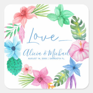 Beach Hawaiian floral tropical love wedding Square Sticker